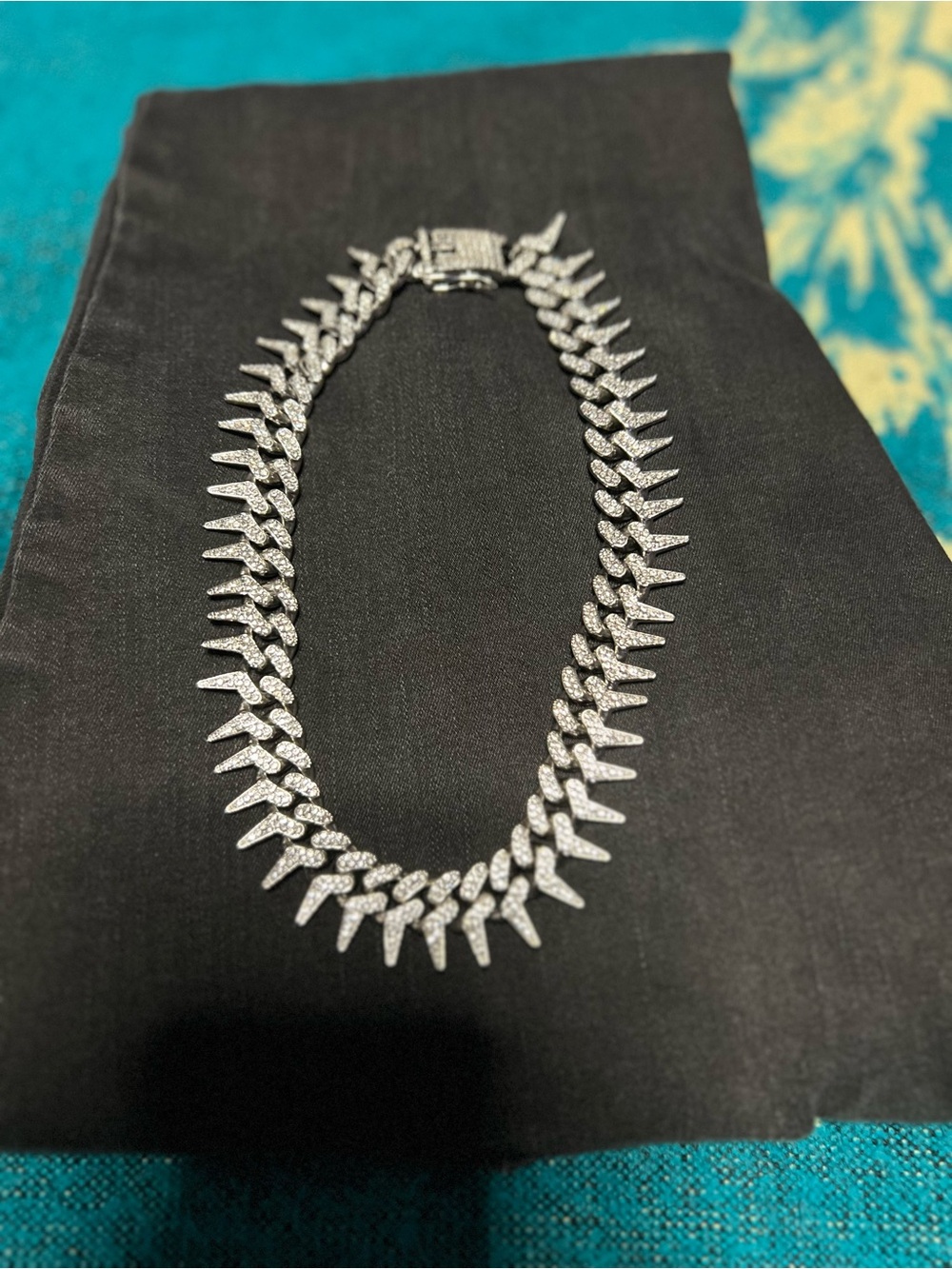 Silver Pave Spike Cuban Link Necklace with Crystal Accents NEW Unisex